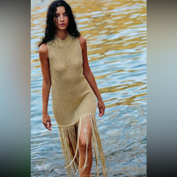 METALLIC THREAD FRINGED LONG KNIT DRESS - Picture 1 of 9